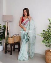 Light Green Digital Print Pure Organza Saree